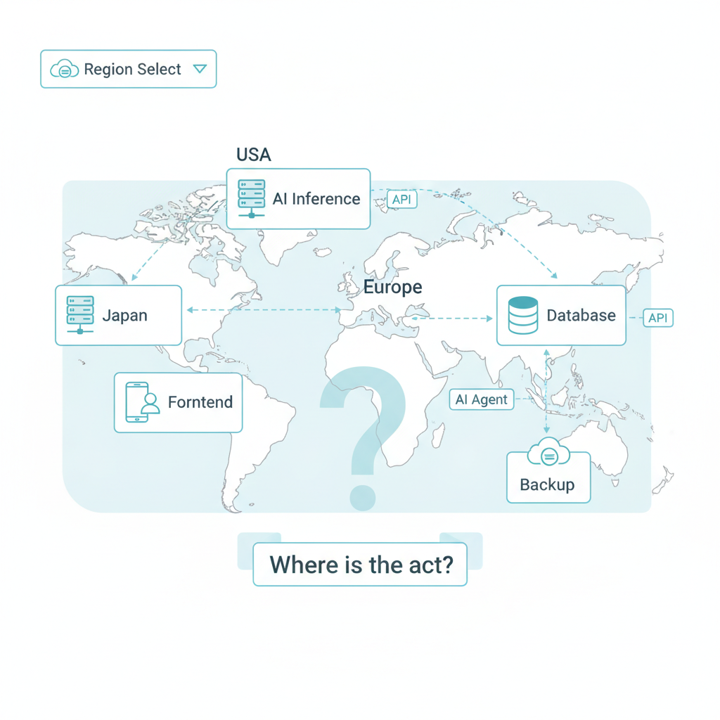 An example of distributed deployment. Front end, AI inference, database and backup sit in different countries, blurring the very outline of "in which country the infringing act took place."