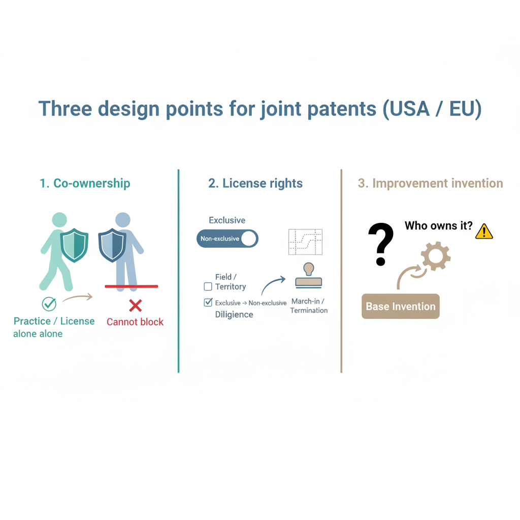 Three design points that make a joint patent either an "asset" or a "time bomb" — share (co-ownership) / license to work / improvement inventions. A map for the readings from Part 2 on.