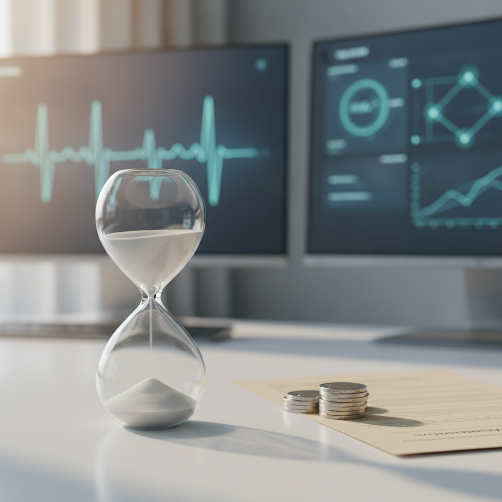 An image of the "subsidy clock." Can you reach financing or market launch before the sand runs out? A picture symbolizing the time-pressured structure of Japan's medical-AI start-ups.