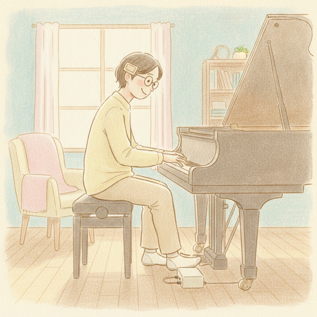 Ein Pianist von 2018 mit Brille und kleinem Kopfwinkelsensor am Rahmen, ein Gerät an den Pedalen